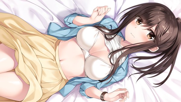 Anime picture 1920x1080 with re cation hibiki works futagawa haru oryou single long hair looking at viewer blush fringe highres breasts light erotic hair between eyes brown hair wide image large breasts brown eyes payot cleavage ponytail