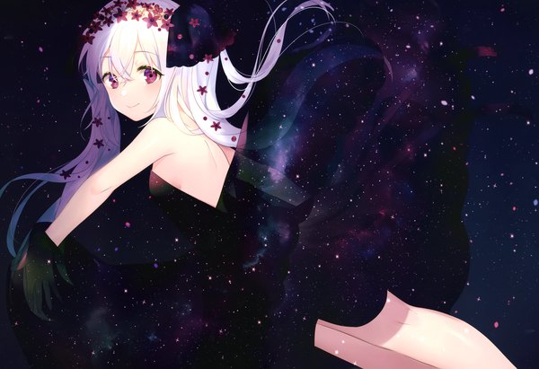 Anime picture 4205x2882 with original achiki single long hair looking at viewer blush fringe highres smile hair between eyes absurdres white hair pink eyes hair flower scan turning head back bare back starry sky print double exposure