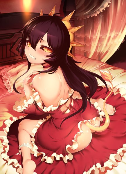Anime picture 2052x2832 with tanaka the wizard christina (tanaka the wizard) mdastarou single long hair tall image blush highres light erotic black hair yellow eyes tail looking back back black sclera girl dress bed