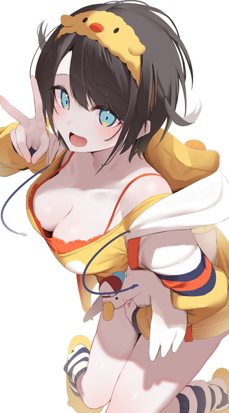 Anime picture 2132x3840 with virtual youtuber hololive oozora subaru oozora subaru (loungewear) mikaku single tall image looking at viewer fringe highres short hair breasts open mouth blue eyes light erotic simple background smile brown hair standing white background