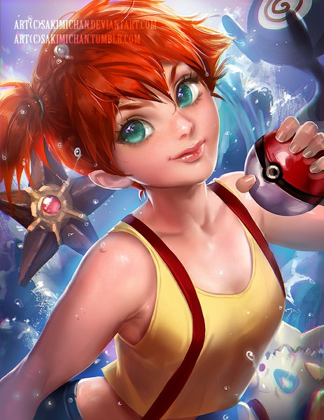 Anime picture 695x900 with pokemon nintendo misty (pokemon) togepi staryu poliwag sakimichan tall image looking at viewer fringe short hair smile bare shoulders holding green eyes ponytail fingernails lips orange hair realistic