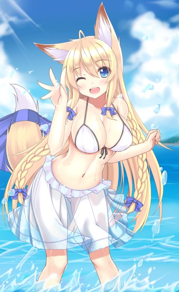 Anime picture 1233x2000 with original sogaya single long hair tall image blush breasts open mouth light erotic blonde hair animal ears cleavage tail animal tail one eye closed wink fox ears fox tail fox girl girl