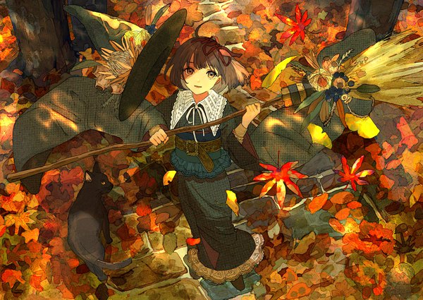 Anime picture 3541x2508 with original qooo003 single highres short hair brown hair standing brown eyes absurdres full body ahoge traditional clothes japanese clothes from above shaded face witch autumn hat removed headwear removed girl