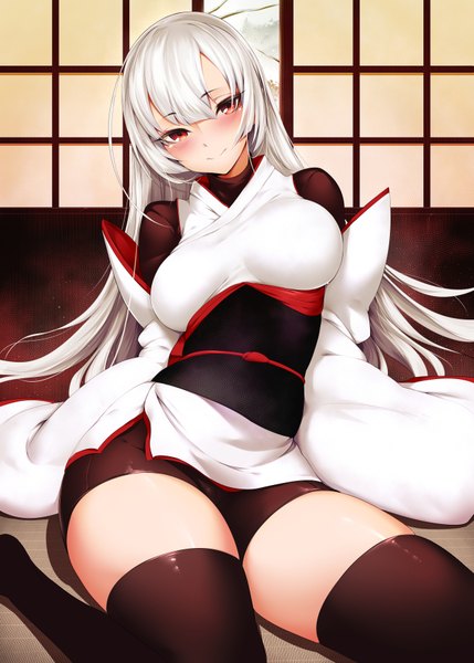 Anime picture 1296x1812 with original mdastarou single long hair tall image looking at viewer blush light erotic smile red eyes sitting white hair traditional clothes japanese clothes girl thighhighs black thighhighs obi sliding doors shouji