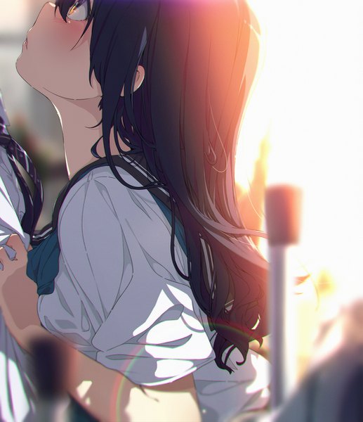Anime picture 1035x1200 with original ogipote long hair tall image blush fringe black hair hair between eyes payot upper body indoors profile sunlight short sleeves depth of field looking up solo focus head out of frame girl uniform