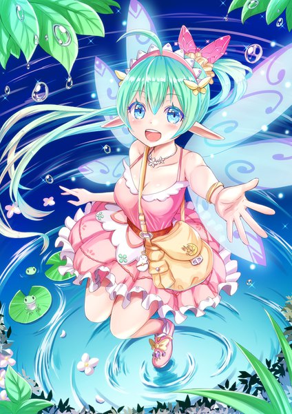 Anime picture 1191x1684 with original tenzeru single long hair tall image looking at viewer blush fringe breasts open mouth blue eyes smile hair between eyes bare shoulders cleavage full body ahoge ponytail :d green hair