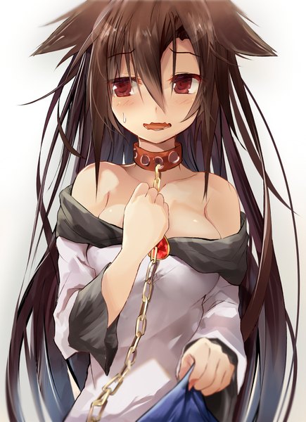 Anime picture 581x800 with touhou imaizumi kagerou efe single long hair tall image fringe breasts open mouth light erotic simple background hair between eyes red eyes brown hair large breasts bare shoulders animal ears looking away hand on chest wolf ears