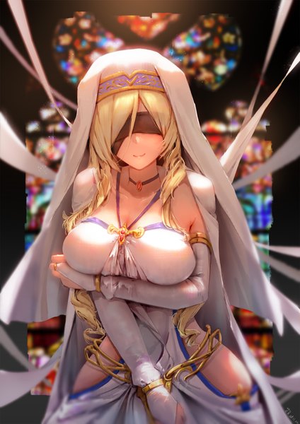 Anime picture 2067x2923 with goblin slayer! sword maiden aduo single long hair tall image highres breasts light erotic blonde hair smile large breasts standing signed cleavage dated breast hold blindfold girl dress