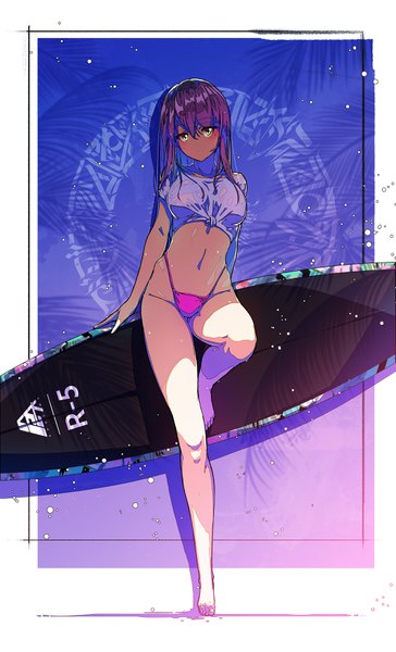 Anime picture 2130x3508 with original apapico single long hair tall image looking at viewer blush fringe highres light erotic hair between eyes standing yellow eyes purple hair barefoot mole bare legs mole under eye border standing on one leg