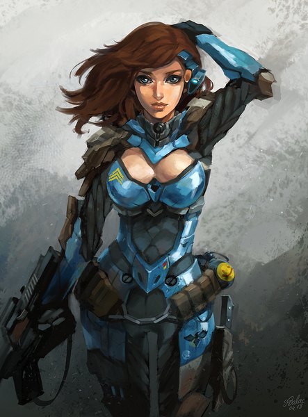 Anime picture 739x1000 with sbalac single long hair tall image blue eyes brown hair signed wind cleavage cutout hand on head girl weapon armor gun sheath fanny pack dagger