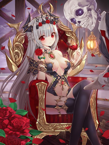 Anime picture 800x1067 with original mellozzo long hair tall image looking at viewer blush fringe breasts light erotic smile hair between eyes red eyes sitting bare shoulders holding cleavage braid (braids) hair flower horn (horns) grey hair