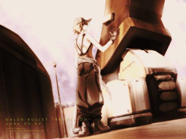 Anime picture 1280x960 with baldr (series) baldr bullet revellion giga yu yongha single short hair blonde hair standing looking away full body outdoors from behind copyright name dated polychromatic girl hat flat cap