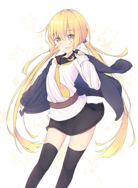 Anime picture 809x1100 with kantai collection satsuki destroyer kawami nami single long hair tall image blush fringe open mouth blonde hair simple background smile hair between eyes white background twintails holding yellow eyes looking away :d open clothes