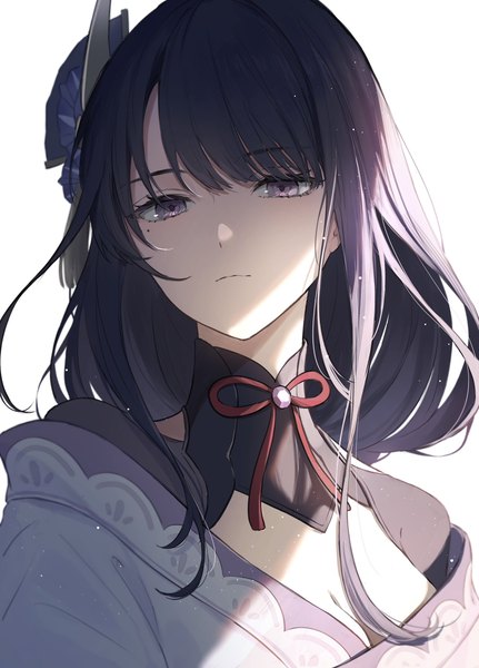 Anime picture 1470x2048 with genshin impact raiden shogun mskmmti single long hair tall image looking at viewer fringe simple background white background purple eyes payot cleavage purple hair upper body blunt bangs mole mole under eye turning head portrait
