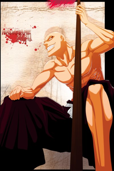 Anime picture 1024x1533 with bleach studio pierrot madarame ikkaku louen666 single tall image smile brown eyes japanese clothes inscription grin coloring muscle bald boy weapon kimono staff