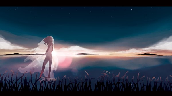 Anime picture 3404x1913 with vocaloid kagamine rin taisos highres short hair wide image standing sky cloud (clouds) barefoot wind evening sunset lake girl plant (plants) water sundress