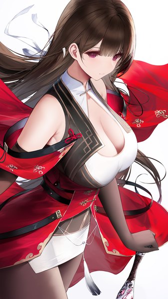 Anime-Bild 2000x3556 mit original an yasuri single long hair tall image looking at viewer fringe highres breasts light erotic simple background red eyes brown hair large breasts standing white background bare shoulders cleavage blunt bangs girl
