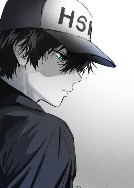 Anime picture 716x1000 with hyouka kyoto animation oreki houtarou mery (yangmalgage) single tall image fringe short hair simple background hair between eyes green eyes signed upper body profile gradient background looking down monochrome spot color boy baseball cap