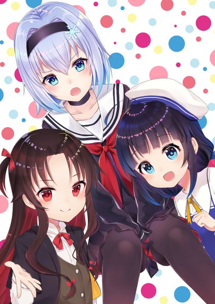 Anime-Bild 1200x1698 mit ryuuou no oshigoto! sora ginko hinatsuru ai yashajin ai gyozanuko long hair tall image blush fringe short hair open mouth blue eyes black hair hair between eyes red eyes brown hair multiple girls :d multicolored hair two-tone hair