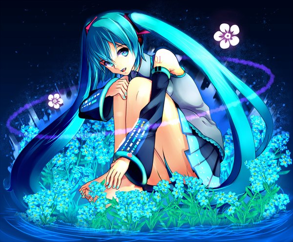 Anime picture 1433x1187 with vocaloid hatsune miku single open mouth twintails bare shoulders very long hair barefoot aqua eyes aqua hair girl skirt hair ornament flower (flowers) detached sleeves miniskirt