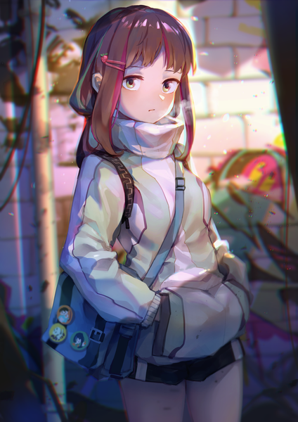 Anime picture 2894x4093 with original mr.lime single long hair tall image looking at viewer blush fringe highres brown hair standing yellow eyes outdoors blunt bangs multicolored hair two-tone hair exhalation hands in pockets brick wall girl