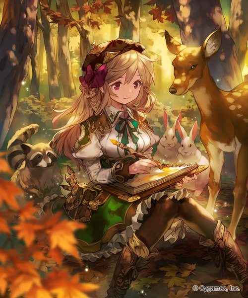 Anime picture 1200x1440 with shingeki no bahamut umberwig single long hair tall image fringe blonde hair smile hair between eyes red eyes sitting holding bent knee (knees) fingernails light smile official art depth of field puffy sleeves knees touching drawing