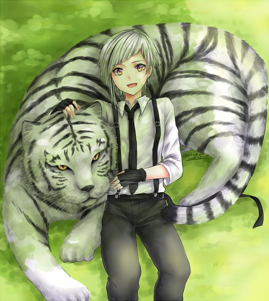 Anime picture 895x1000 with bungou stray dogs studio bones nakajima atsushi liu chun-ling single tall image looking at viewer fringe short hair open mouth smile purple eyes yellow eyes silver hair bent knee (knees) outdoors lying :d from above on back