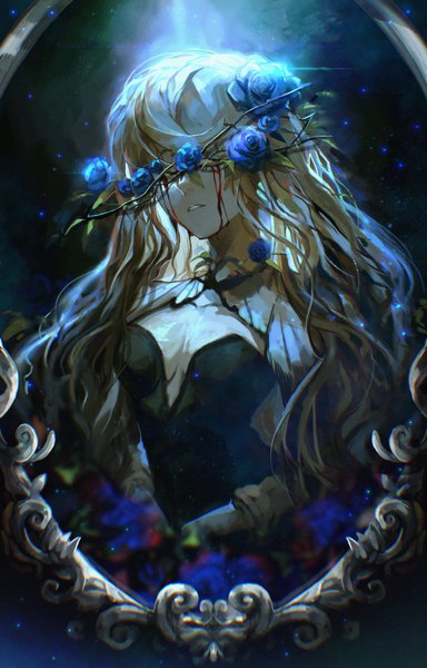 Anime picture 2618x4093 with original anrisanya single long hair tall image highres breasts blonde hair upper body parted lips dark background blood on face covering eye (eyes) crown of thorns girl flower (flowers) plant (plants) rose (roses) blood mirror