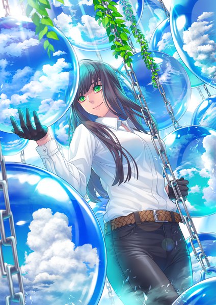Anime picture 1000x1414 with original minami (minami373916) single long hair tall image fringe breasts black hair smile hair between eyes standing holding green eyes looking away sky cloud (clouds) blunt bangs sunlight lens flare girl
