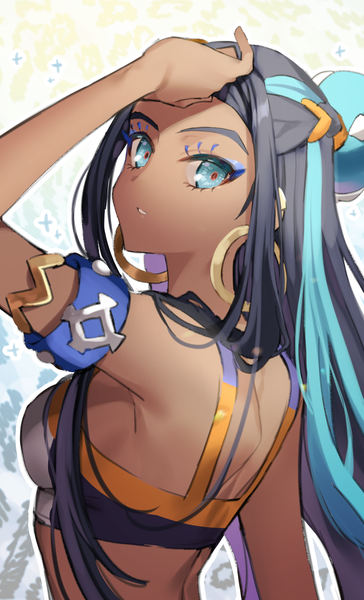 Anime picture 1152x1900 with pokemon pokemon (game) pokemon swsh nintendo nessa (pokemon) gambe single long hair tall image looking at viewer black hair upper body multicolored hair aqua eyes two-tone hair hair bun (hair buns) streaked hair dark skin half updo hand on head