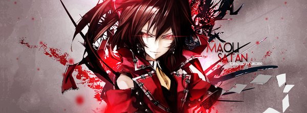 Anime picture 851x315 with touhou koumajou densetsu hakurei reimu banpai akira redeye27 single long hair looking at viewer fringe simple background hair between eyes red eyes brown hair wide image ponytail grey background glowing glowing eye (eyes) girl