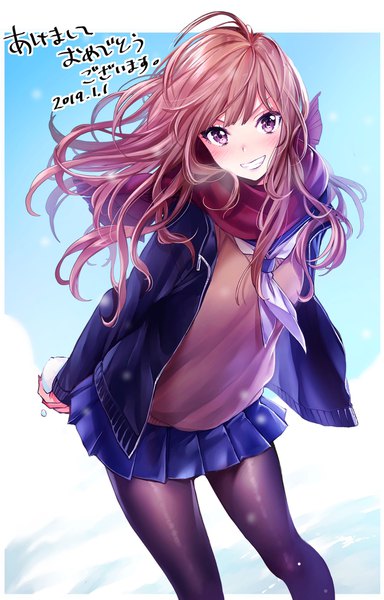 Anime picture 1312x2048 with original maruchi single long hair tall image looking at viewer blush smile brown hair pleated skirt wind open jacket grin dated new year happy new year 2019 akeome girl skirt