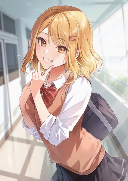 Anime picture 1029x1453 with original zattape single tall image looking at viewer blush fringe short hair blonde hair smile standing yellow eyes indoors fingernails sunlight grin victory girl skirt uniform