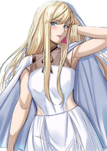 Anime picture 1254x1771 with mobile suit gundam gundam hathaway's flash sunrise (studio) gigi andalusia yuhica single long hair tall image looking at viewer blue eyes simple background blonde hair standing white background shadow armpit (armpits) adjusting hair girl earrings triangle earrings