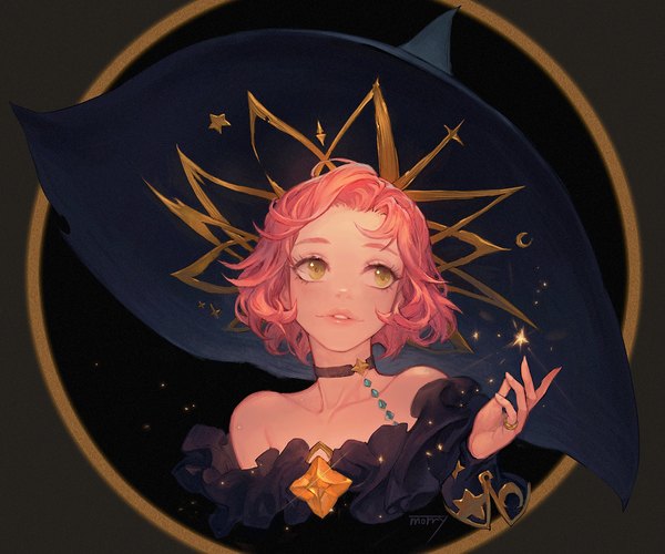 Anime picture 1440x1200 with original morry single short hair bare shoulders yellow eyes looking away pink hair upper body parted lips lips girl hat choker ring witch hat
