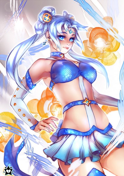 Anime picture 706x1000 with bishoujo senshi sailor moon original toei animation e-x-p-i-e single long hair tall image blue eyes light erotic twintails silver hair head tilt pleated skirt open clothes hair bun (hair buns) facial mark arched back girl thighhighs skirt