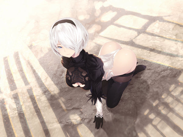Anime picture 6142x4606 with nier nier:automata yorha no. 2 type b cait single looking at viewer fringe highres short hair breasts blue eyes light erotic large breasts absurdres cleavage full body ass white hair from above light smile