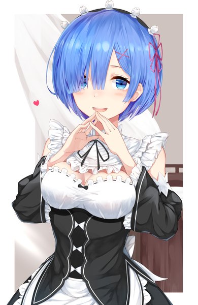 Anime picture 1500x2307 with re:zero kara hajimeru isekai seikatsu white fox rem (re:zero) yamato (muchuu paradigm) single tall image looking at viewer blush fringe short hair breasts open mouth blue eyes hair between eyes standing blue hair indoors hair over one eye wide sleeves maid