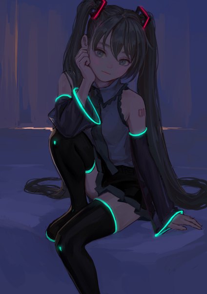 Anime picture 1000x1414 with vocaloid hatsune miku fkey single tall image looking at viewer blush fringe hair between eyes sitting twintails green eyes bent knee (knees) very long hair pleated skirt green hair light smile wide sleeves arm support tattoo