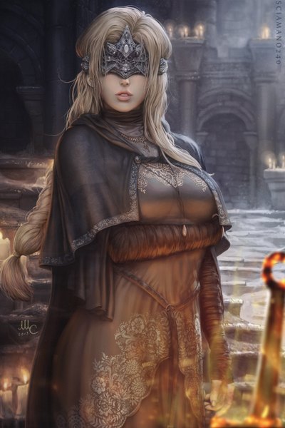 Anime picture 2000x3000 with dark souls (series) dark souls 3 from software fire keeper sciamano240 single long hair tall image highres breasts blonde hair standing signed indoors braid (braids) parted lips lips blurry realistic single braid