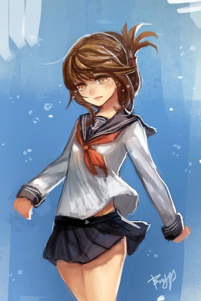 Anime picture 1000x1497 with kantai collection inazuma destroyer bryanth single long hair tall image blush fringe brown hair brown eyes looking away pleated skirt spread arms underwater girl skirt uniform hair ornament school uniform water