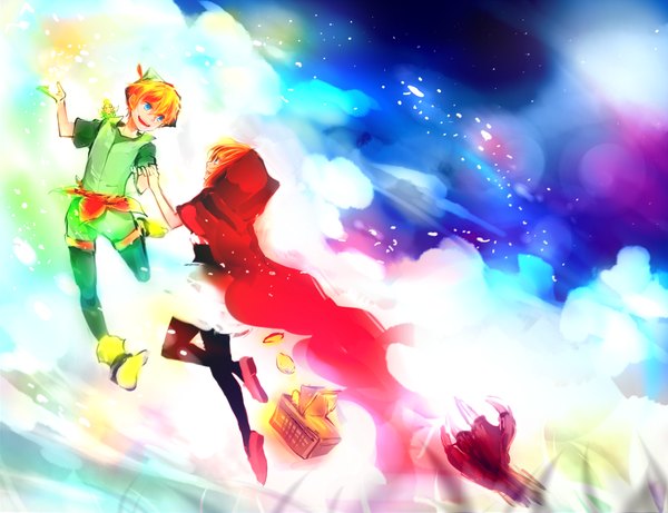 Anime-Bild 1300x1000 mit little red riding hood peter pan little red riding hood (character) big bad wolf tinkerbell (character) peter pan (character) shumijin short hair blue eyes blonde hair smile sitting multiple girls sky cloud (clouds) short sleeves holding hands flying face to face angry