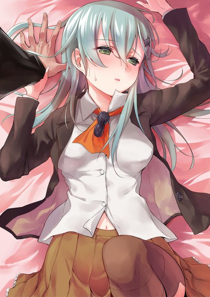 Anime picture 1000x1412 with kantai collection suzuya heavy cruiser umakuchi shouyu long hair tall image blush fringe breasts hair between eyes green eyes payot looking away bent knee (knees) indoors lying long sleeves parted lips head tilt pleated skirt from above