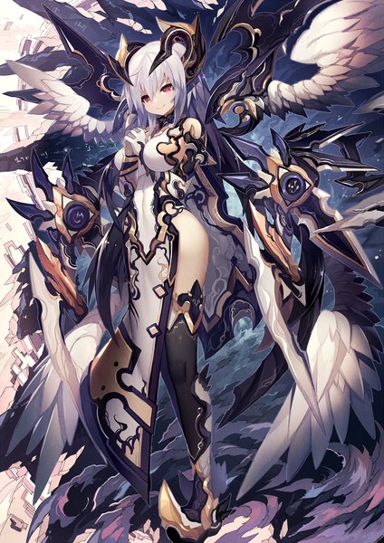 Anime picture 1060x1500 with original mamuru single long hair tall image looking at viewer breasts light erotic smile red eyes white hair horn (horns) demon girl hands clasped smirk multiple wings girl dress weapon wings