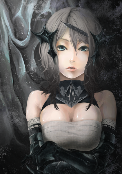 Anime picture 1404x2000 with original akaikitsune single tall image fringe short hair breasts open mouth light erotic large breasts bare shoulders green eyes lips grey hair shiny skin girl gloves hair ornament armor bandage (bandages)