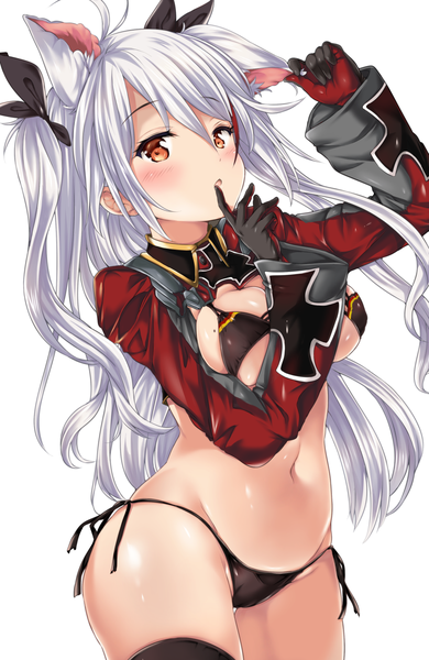 Anime picture 1078x1655 with azur lane prinz eugen (azur lane) prinz eugen (unfading smile) (azur lane) nijimotohiro k single long hair tall image looking at viewer blush fringe breasts open mouth light erotic simple background hair between eyes large breasts standing white background brown eyes animal ears
