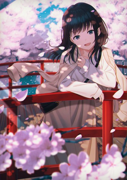 Anime picture 1133x1600 with original hyuuga azuri single long hair tall image looking at viewer fringe open mouth black hair smile standing outdoors blunt bangs long sleeves head tilt :d wind black eyes blurry cherry blossoms