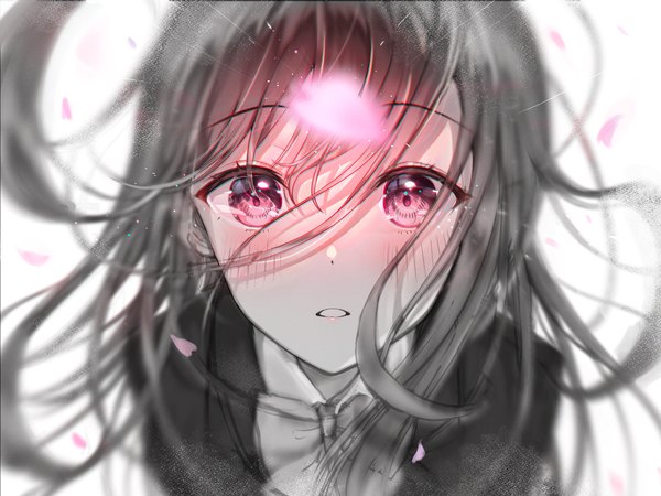 Anime-Bild 2048x1536 mit original sakura (39ra) single long hair looking at viewer blush fringe highres simple background hair between eyes upper body parted lips pink eyes from above floating hair glowing monochrome spot color girl petals