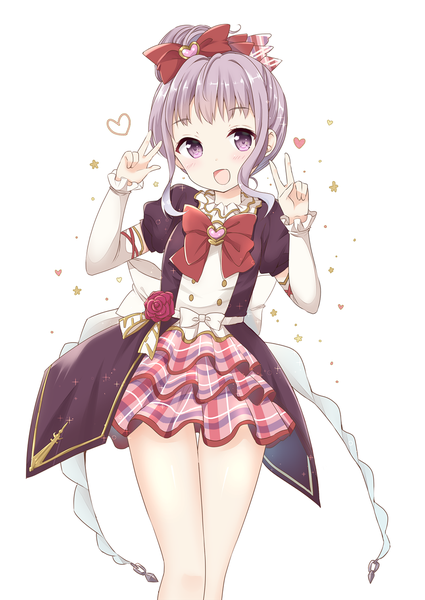 Anime picture 1054x1487 with granblue fantasy linaria (granblue fantasy) yoshikita popuri single tall image looking at viewer fringe short hair open mouth simple background white background purple eyes payot purple hair blunt bangs :d victory girl bow hair bow