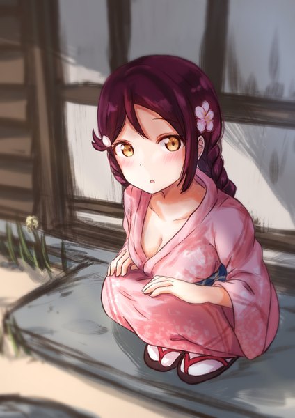 Anime picture 1190x1683 with love live! sunshine!! sunrise (studio) love live! sakurauchi riko maka neko single long hair tall image looking at viewer blush open mouth light erotic yellow eyes cleavage full body red hair traditional clothes japanese clothes hair flower squat